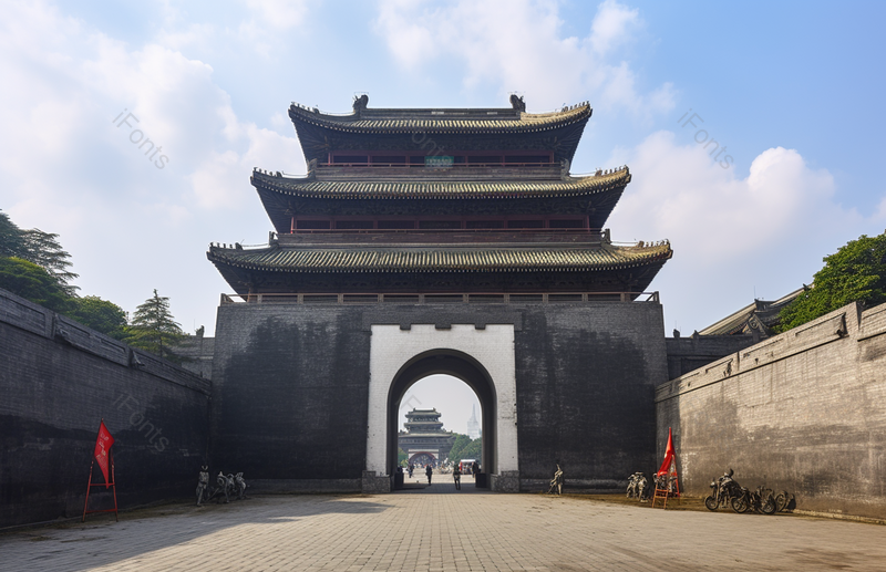 一座古老的古城城墙古建筑屹立在蓝天白云之下,高清,摄影图,摄影图片,图片大全,摄影图免费下载